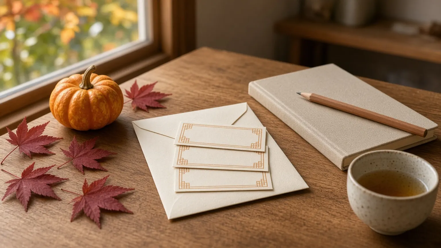 秋の木のテーブルに置かれたかぼちゃ、紅葉、無地の券を入れた封筒と予算ノート